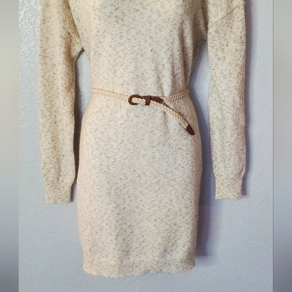 Neutral Mock Neck Belted Cream Knit Sweater Dress Size Medium - Picture 4 of 8